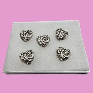 5 Vintage Silver Ribbon Heart Button Covers